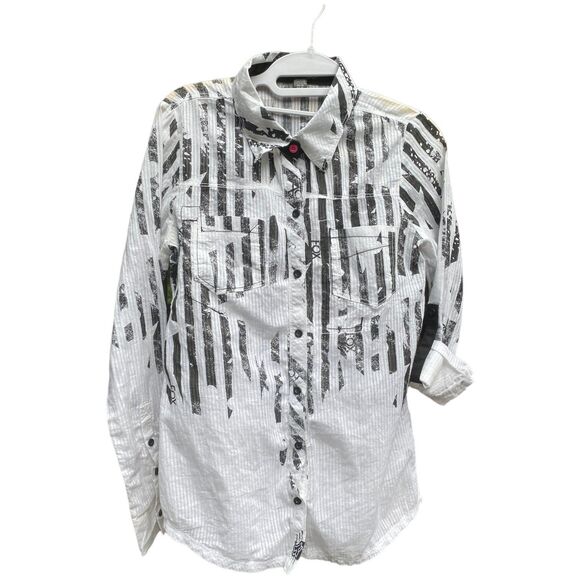 y2k Fox racing white black stripes stars lightweight summer button down size m - Picture 3 of 7